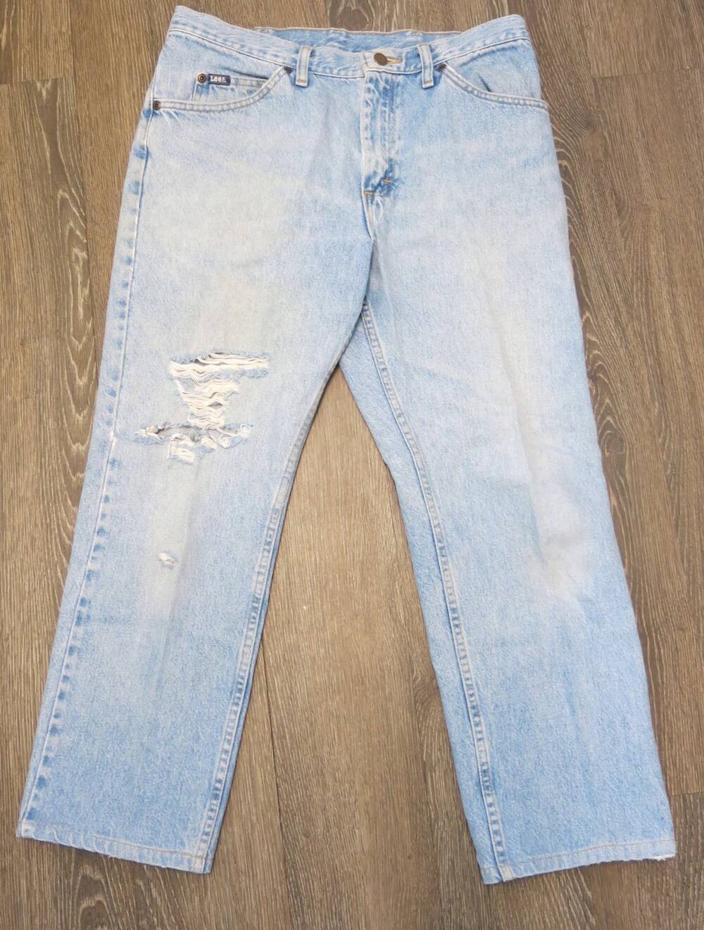 LEE Distressed Jean 32x27 Men's Stone Washed  Grunge Punk Streetwear Blue Y2K